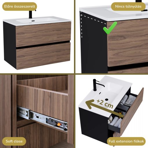 HD Aria Black-Oak 60/80/100/120 komplett fürdőszoba bútor szett fali mosdószekrénnyel, tükörrel és magasszekrénnyel