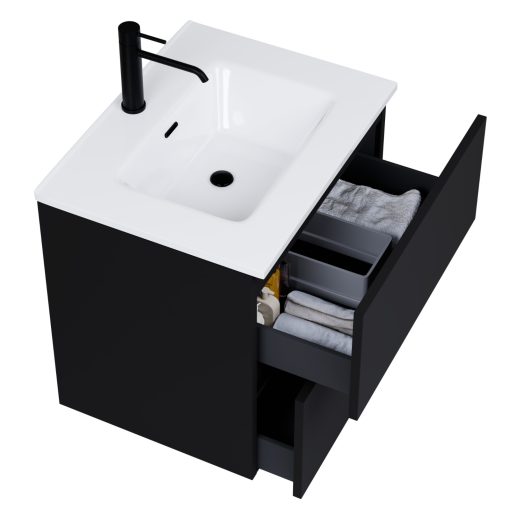 HD Aria Pro Black 60 komplett fürdőszoba bútor fali push-to-open mosdószekrénnyel és tükörrel