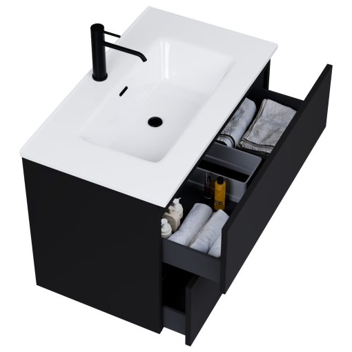 HD Aria Black 60/80/100/120 komplett fürdőszoba bútor szett fali mosdószekrénnyel, tükörrel és magasszekrénnyel