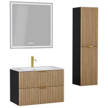 HD Parma Matt Black 60 komplett fürdőszoba bútor szett fali mosdószekrénnyel, szálcsiszolt arany fogantyúkkal, tükörrel és magasszekrénnyel