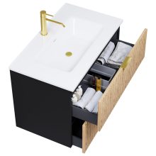 HD Parma Matt Black 60 komplett fürdőszoba bútor szett fali mosdószekrénnyel, szálcsiszolt arany fogantyúkkal, tükörrel és magasszekrénnyel