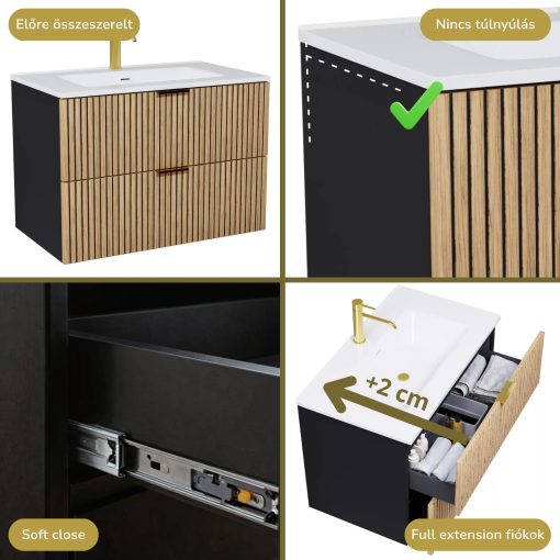 HD Parma Matt Black 60 komplett fürdőszoba bútor szett fali mosdószekrénnyel, szálcsiszolt arany fogantyúkkal, tükörrel és magasszekrénnyel