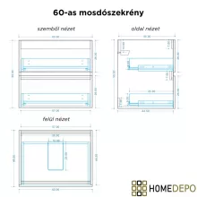 HD Ravello Pro Black-Oak 60 fali mosdószekrény, push-to-open mechanizmussal