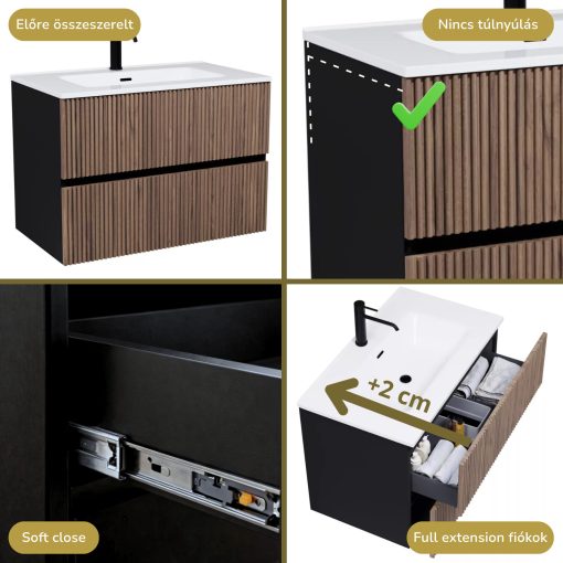 HD Torino Black-Oak 60/80 komplett fürdőszoba bútor fali mosdószekrénnyel és tükörrel