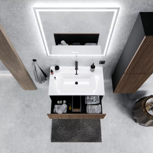 HD Torino Black-Oak 60/80 komplett fürdőszoba bútor fali mosdószekrénnyel és tükörrel