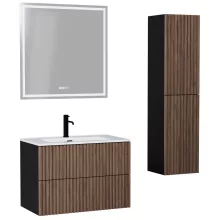 HD Ravello Pro Black-Oak 60 komplett fürdőszoba bútor szett fali push-to-open mosdószekrénnyel, tükörrel és magasszekrénnyel