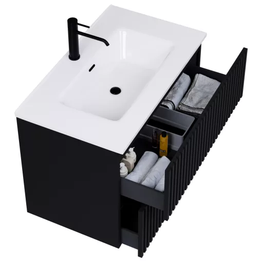 HD Ravello Pro Matt Black 60 komplett fürdőszoba bútor fali push-to-open mosdószekrénnyel és tükörrel