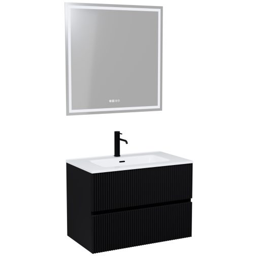 HD Torino Matt Black 60/80 komplett fürdőszoba bútor fali mosdószekrénnyel és tükörrel