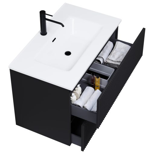 HD Torino Matt Black 60/80 komplett fürdőszoba bútor fali mosdószekrénnyel és tükörrel