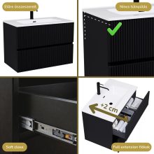 HD Torino Matt Black 60/80 komplett fürdőszoba bútor fali mosdószekrénnyel és tükörrel