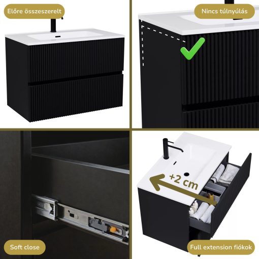 HD Torino Matt Black 60/80 komplett fürdőszoba bútor fali mosdószekrénnyel és tükörrel