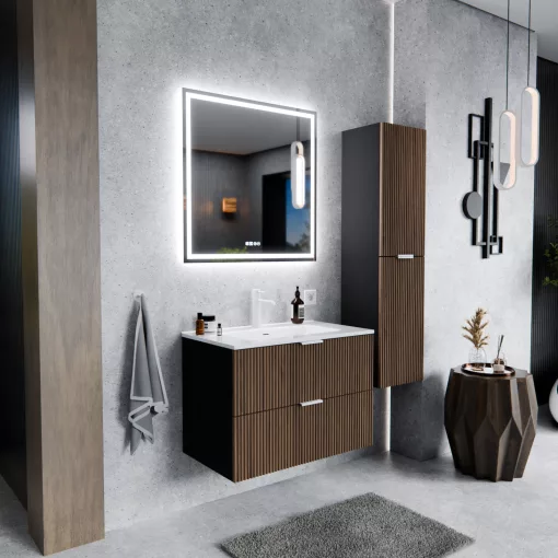 HD Ravello Black-Oak 60 fali mosdószekrény matt fehér fogantyúkkal