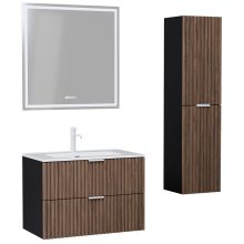 HD Ravello Black-Oak 60 komplett fürdőszoba bútor szett fali mosdószekrénnyel, matt fehér fogantyúkkal, tükörrel és magasszekrénnyel