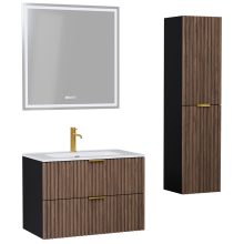 HD Ravello Black-Oak 60 komplett fürdőszoba bútor szett fali mosdószekrénnyel, szálcsiszolt arany fogantyúkkal, tükörrel és magasszekrénnyel