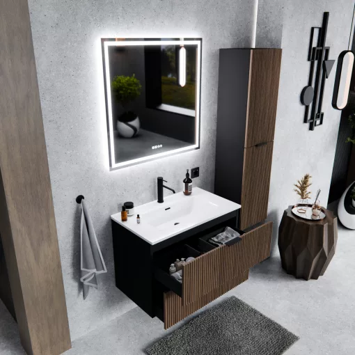HD Ravello Black-Oak 60/80 fali mosdószekrény matt fekete fogantyúkkal