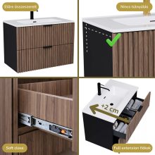 HD Ravello Black-Oak 60/80 komplett fürdőszoba bútor fali mosdószekrénnyel, matt fekete fogantyúkkal és tükörrel