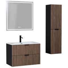   HD Ravello Black-Oak 60/80 komplett fürdőszoba bútor szett fali mosdószekrénnyel, matt fekete fogantyúkkal, tükörrel és magasszekrénnyel