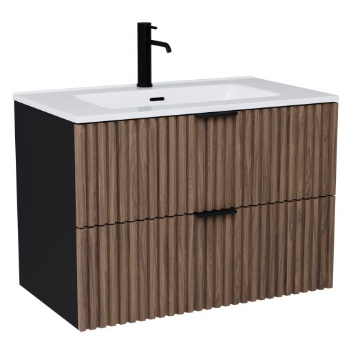 HD Ravello Black-Oak 60/80 komplett fürdőszoba bútor szett fali mosdószekrénnyel, matt fekete fogantyúkkal, tükörrel és magasszekrénnyel