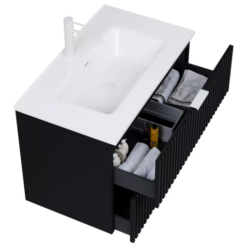 HD Ravello Matt Black 60 komplett fürdőszoba bútor fali mosdószekrénnyel, matt fehér fogantyúkkal és tükörrel