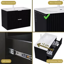 HD Ravello Matt Black 60 komplett fürdőszoba bútor fali mosdószekrénnyel, matt fehér fogantyúkkal és tükörrel