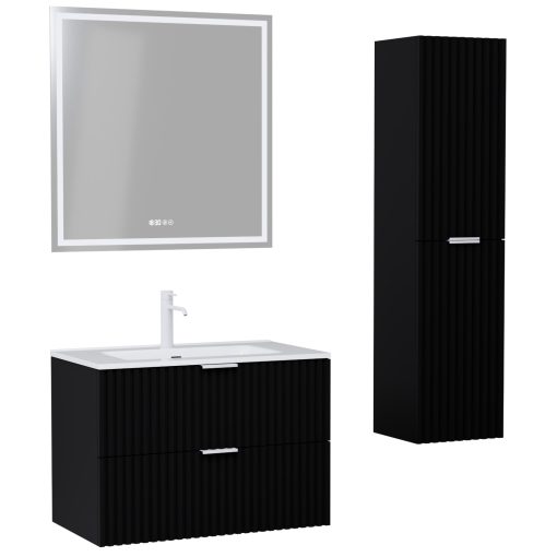 HD Ravello Matt Black 60 komplett fürdőszoba bútor szett fali mosdószekrénnyel, matt fehér fogantyúkkal, tükörrel és magasszekrénnyel