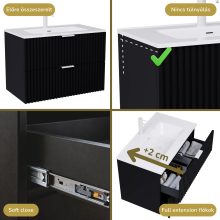 HD Ravello Matt Black 60 komplett fürdőszoba bútor szett fali mosdószekrénnyel, matt fehér fogantyúkkal, tükörrel és magasszekrénnyel