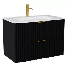 HD Ravello Matt Black 60 fali mosdószekrény szálcsiszolt arany fogantyúkkal