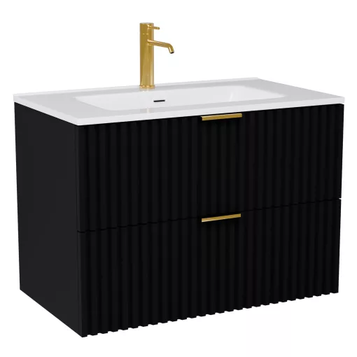 HD Ravello Matt Black 60 fali mosdószekrény szálcsiszolt arany fogantyúkkal