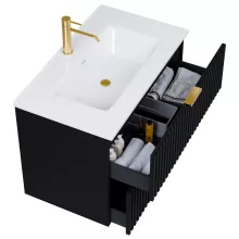 HD Ravello Matt Black 60 fali mosdószekrény szálcsiszolt arany fogantyúkkal