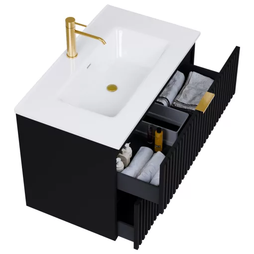 HD Ravello Matt Black 60 fali mosdószekrény szálcsiszolt arany fogantyúkkal