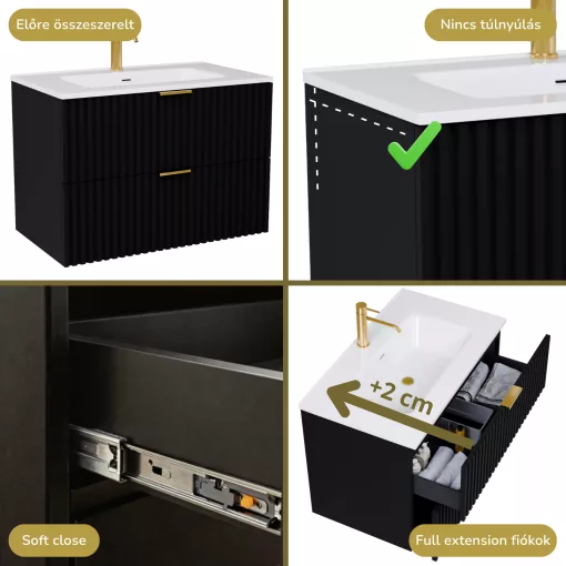 HD Ravello Matt Black 60 fali mosdószekrény szálcsiszolt arany fogantyúkkal