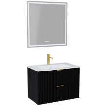 HD Ravello Matt Black 60 komplett fürdőszoba bútor fali mosdószekrénnyel, szálcsiszolt arany fogantyúkkal és tükörrel