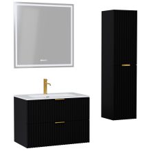 HD Ravello Matt Black 60 komplett fürdőszoba bútor szett fali mosdószekrénnyel, szálcsiszolt arany fogantyúkkal, tükörrel és magasszekrénnyel