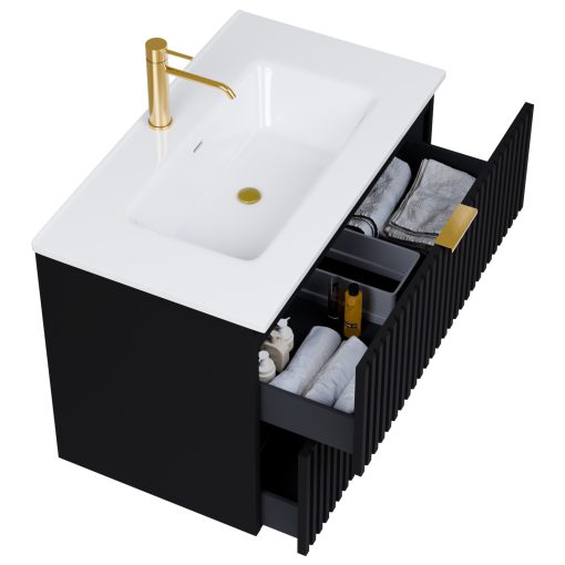 HD Ravello Matt Black 60 komplett fürdőszoba bútor szett fali mosdószekrénnyel, szálcsiszolt arany fogantyúkkal, tükörrel és magasszekrénnyel