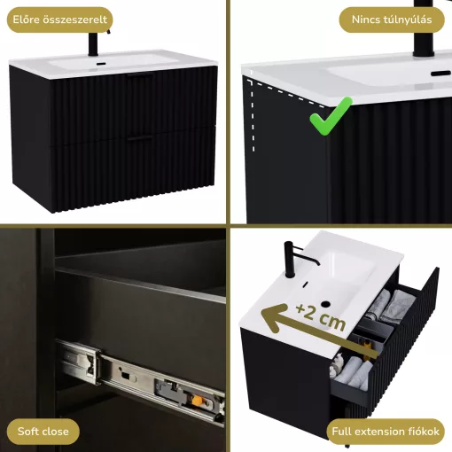 HD Ravello Matt Black 60/80 fali mosdószekrény matt fekete fogantyúkkal