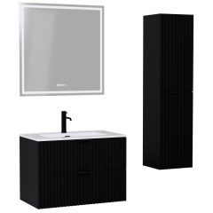   HD Ravello Matt Black 60/80 komplett fürdőszoba bútor szett fali mosdószekrénnyel, matt fekete fogantyúkkal, tükörrel és magasszekrénnyel