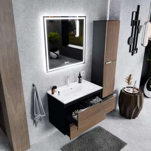 HD Cremona Black-Oak 60 komplett fürdőszoba bútor szett fali mosdószekrénnyel, fényes króm fogantyúkkal, tükörrel és magasszekrénnyel