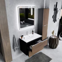 HD Cremona Black-Oak 60 komplett fürdőszoba bútor szett fali mosdószekrénnyel, szálcsiszolt króm fogantyúkkal, tükörrel és magasszekrénnyel