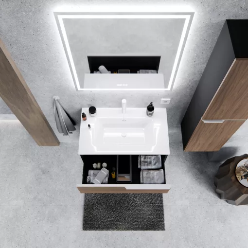 HD Cremona Black-Oak 60 fali mosdószekrény matt fehér fogantyúkkal