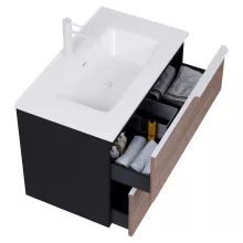 HD Cremona Black-Oak 60 komplett fürdőszoba bútor szett fali mosdószekrénnyel, matt fehér fogantyúkkal, tükörrel és magasszekrénnyel