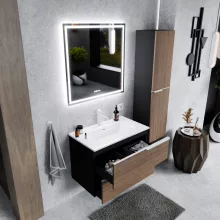 HD Cremona Black-Oak 60 komplett fürdőszoba bútor szett fali mosdószekrénnyel, matt fehér fogantyúkkal, tükörrel és magasszekrénnyel
