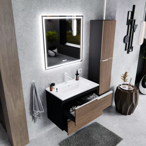 HD Cremona Black-Oak 60 komplett fürdőszoba bútor szett fali mosdószekrénnyel, matt fehér fogantyúkkal, tükörrel és magasszekrénnyel