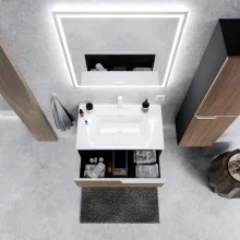 HD Cremona Black-Oak 60 komplett fürdőszoba bútor szett fali mosdószekrénnyel, matt fehér fogantyúkkal, tükörrel és magasszekrénnyel
