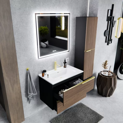 HD Cremona Black-Oak 60 fali mosdószekrény szálcsiszolt arany fogantyúkkal