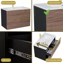 HD Cremona Black-Oak 60 fali mosdószekrény szálcsiszolt arany fogantyúkkal