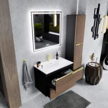 HD Cremona Black-Oak 60 komplett fürdőszoba bútor szett fali mosdószekrénnyel, szálcsiszolt arany fogantyúkkal, tükörrel és magasszekrénnyel