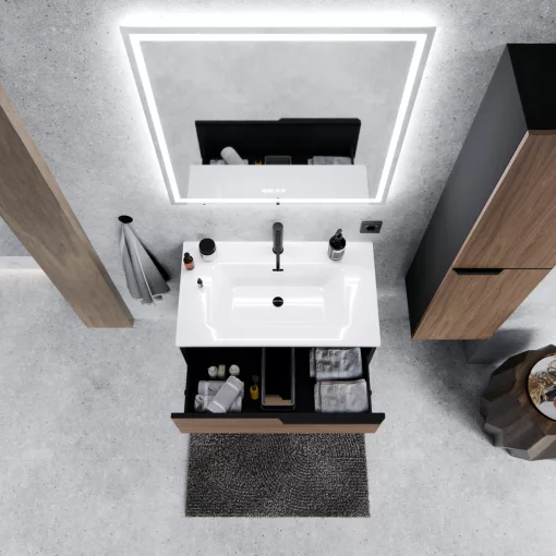 HD Cremona Black-Oak 60/80 fali mosdószekrény matt fekete fogantyúkkal