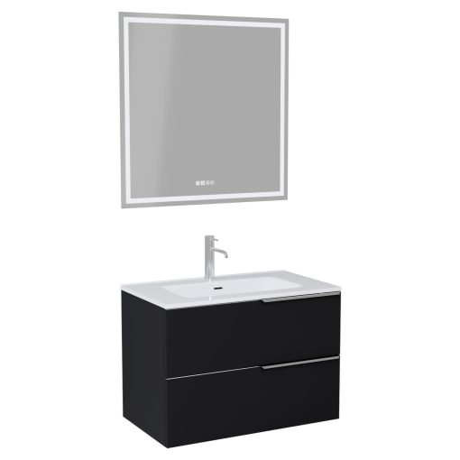 HD Cremona Matt Black 60 komplett fürdőszoba bútor fali mosdószekrénnyel, fényes króm fogantyúkkal és tükörrel