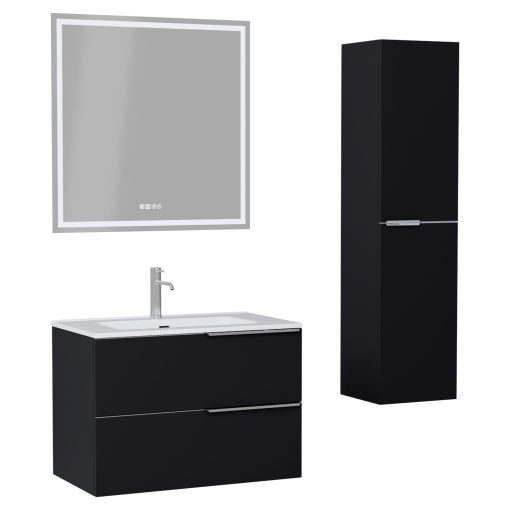 HD Cremona Matt Black 60 komplett fürdőszoba bútor szett fali mosdószekrénnyel, fényes króm fogantyúkkal, tükörrel és magasszekrénnyel