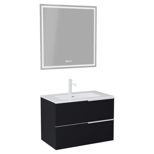 HD Cremona Matt Black 60 komplett fürdőszoba bútor fali mosdószekrénnyel, matt fehér fogantyúkkal és tükörrel